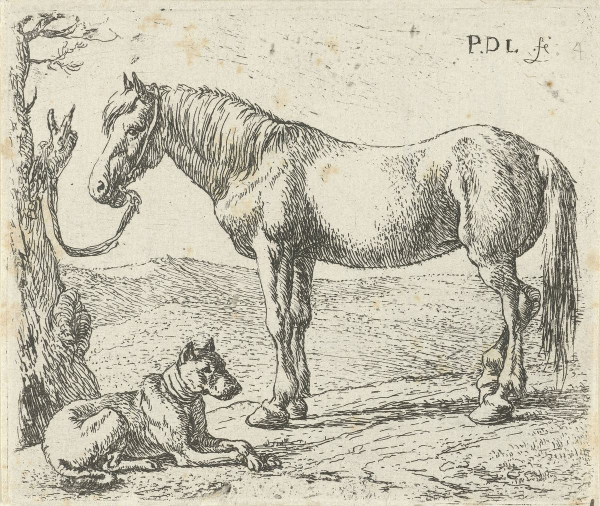 Ets van een paard dat aan een boom staat, met een hond die ervoor ligt